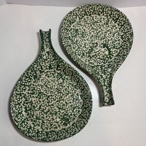 Green Roseville Henn Pottery Spongeware Set Of 2 Skillets 12.5"X9" Green
